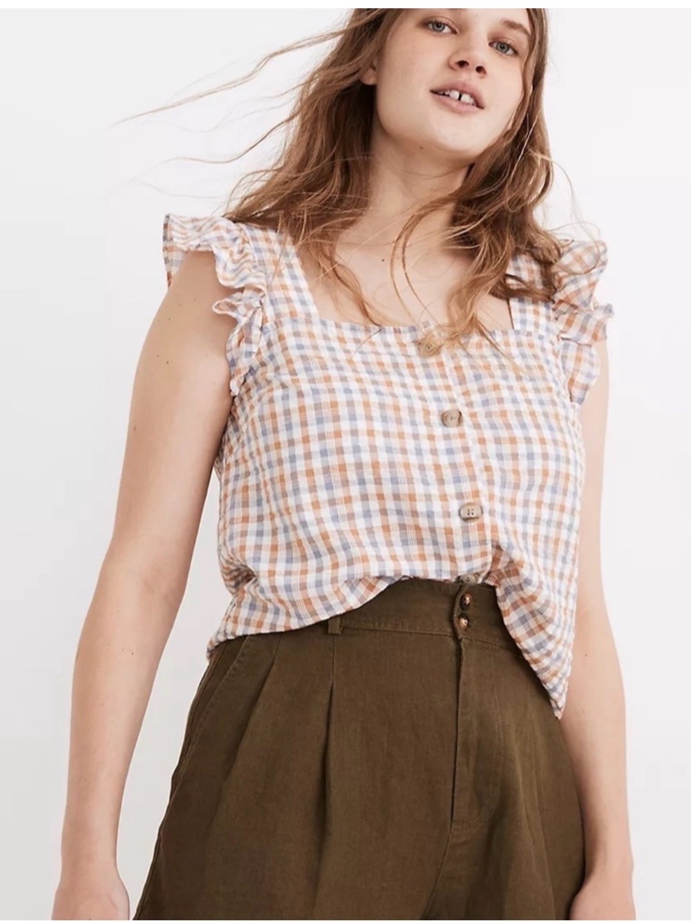Madewell Tan & Blue Gingham Seersucker Ruffle-Strap Button-Up TankTop Size M